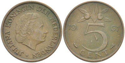 НИДЕРЛАНДЫ 5 ЦЕНТОВ 1961 ЮЛИАНА (1948-1980) KM 181 бронза 213-1035