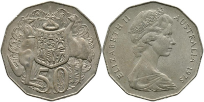 Австралия 50 центов 1975 Елизавета II (1952-2022), герб Австралии, кенгуру KM 68 медно-никель 111-622