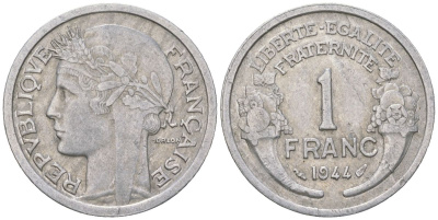 Франция 1 франк 1944 KM 885a алюминий 4616-834
