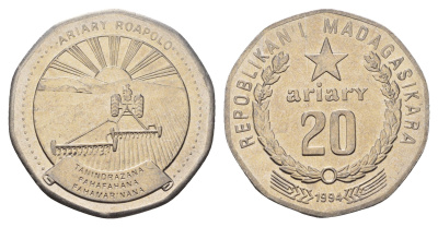 Мадагаскар 20 ариари 1994 год-тип KM 24.1 сталь плакированная никелем UNC 4671-247