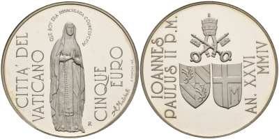 Ватикан 5 евро 2004 Иоанн Павел II, 150 лет провозглашения догмата о непорочном зачатии, в оригинальной коробке, с сертификатом KM 359 серебро  PROOF 2-4-2-26