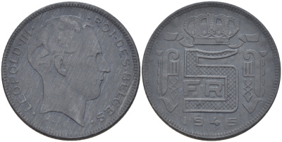 Бельгия 5 франков 1945 Belges, Леопольд III (1934-1947), германская оккупация KM 129.1 цинк 31-1245