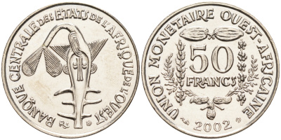 Валютное сообщество стран Западной Африки 50 франков 2002  KM 6 медно-никель  UNC  4595-742