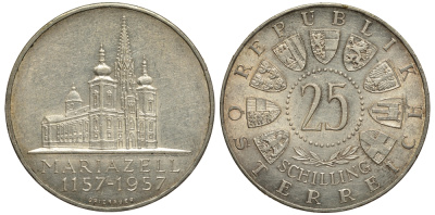 Австрия 25 шиллингов 1957 800 лет Базилике Мариацелля KM 2883 серебро aUNC 1520-141