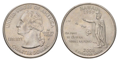 США 25 центов (квотер, 1/4 доллара) 2008 P, Квотер штата Гавайи KM 425 медь плакированный медно-никелем UNC 4629-213