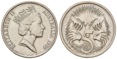 Австралия 5 центов 1989 Елизавета II (1952-2022), ехидна KM 80 медно-никель 96-1064