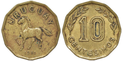 Уругвай 10 сентесимо 1981 KM 66 алюминиевая бронза 4169-465