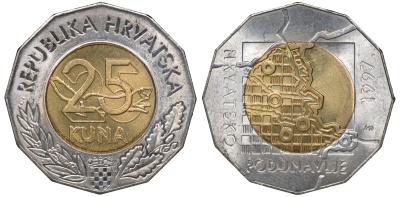 Хорватия 25 кун 1997 придунайский район Хорватии KM 47 биметалл UNC M21-14