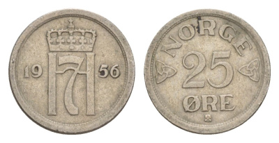 Норвегия 25 эре 1956 Хокон VII (1905-1957) KM 401 медно-никель 4632-1232
