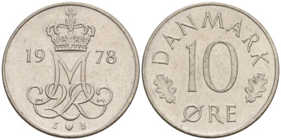 ДАНИЯ 10 ЭРЕ 1978 S; B, МАРГРЕТЕ II (1972-) KM 860.1 медно-никель 4564-1234