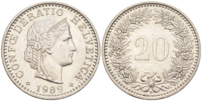 ШВЕЙЦАРИЯ 20 РАППЕНОВ 1989 В KM 29a медно-никель 55-1032