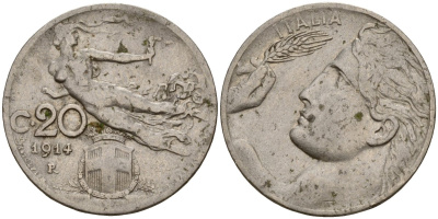 Италия 20 чентезимо 1914 поворот на 20 градусов, брак чекана, R, Виктор Эммануил II (1861-1878) KM 44 никель 443-721