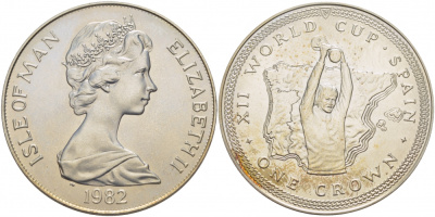 Остров Мэн 1 крона 1982 чемпионат мира по футболу в Испании, игрок с кубком KM 91a серебро UNC 11-145-45