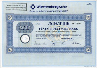 ФРГ 50 марок 1978 Акционерное общество по страхованию от пожаров Вюртемберга, акция   бумага   8803-94-1