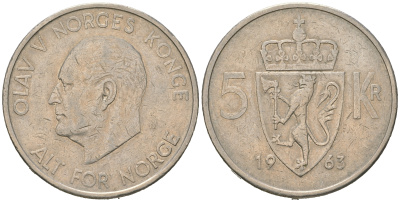 Норвегия 5 крон 1963 Улаф V (1958-1991) KM 412 медно-никель 4634-215