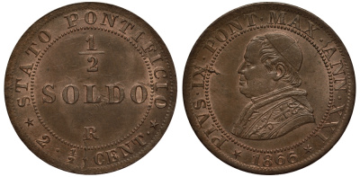 Ватикан 1/2 сольдо - 2 1/2 чентезимо 1866 R, год XXI, папа Пий IX (1846-1878), раскол штемпеля KM 1371 (C181) медь UNC 00-817-22