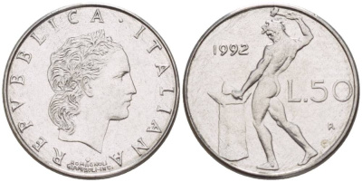 ИТАЛИЯ 50 ЛИР 1992 R, БОГ ОГНЯ ВУЛКАН У НАКОВАЛЬНИ, ДИАМЕТР 17 ММ. KM 95.2 нержавеющая сталь 4551-425