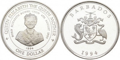 Барбадос 1 доллар 1994 94 года со дня рождения Королевы матери KM 57 серебро PROOF 1066-1-26