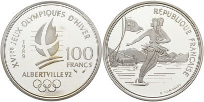 Франция 100 франков 1989 XVI Зимние Олимпийские игры 1992 в Альбервиле, парное фигурное катание KM 972 серебро PROOF 1091-9-42
