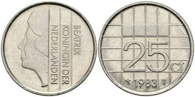 НИДЕРЛАНДЫ 25 ЦЕНТОВ 1983 БЕАТРИКС KM 204 никель 96-267