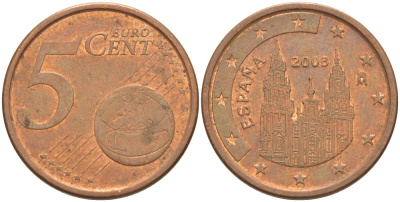 ИСПАНИЯ 5 ЕВРОЦЕНТОВ 2003 KM 1042 сталь плакированная медью 4543-335