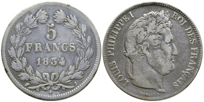 Франция 5 франков 1834 I, Луи Филипп I (1830-1848) KM 749.6 серебро 1066-6-21