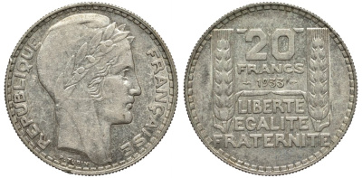 Франция 20 франков 1933 Пьер Тюрен KM 879, Le Franc 400.3 серебро 00-1067-4-31