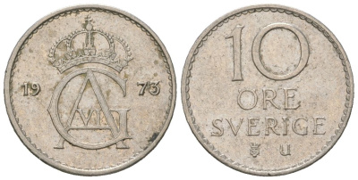 Швеция 10 эре 1973 U, Густав VI Адольф (1950-1973) KM 835 медно-никель 4618-247