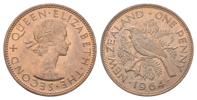 Новая Зеландия 1 пенни 1964 Елизавета II (1952-2022), новозеландский туи KM 24.2 бронза aUNC 4587-1132