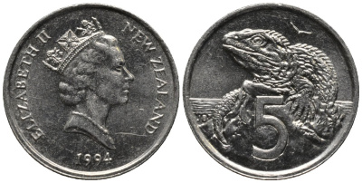 Новая Зеландия 5 центов 1994 Елизавета II (1952-2022), ящерица гаттерия KM 60 медно-никель 105-1152