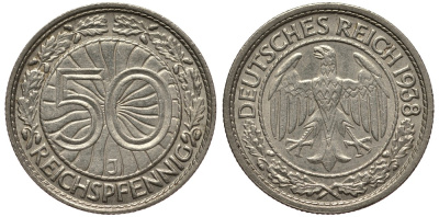 Германия 50 рейхспфеннигов 1933 J, цена по каталогу МТ 180 евро J. 324, KM 49 никель 413-3734