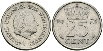 Нидерланды 25 центов 1951 Юлиана (1949-1980) KM 183 никель 96-123
