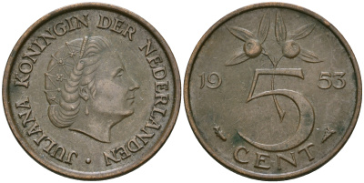 Нидерланлы 5 центов 1953 Юлиана (1949-1980) KM 181 бронза 4364-1626
