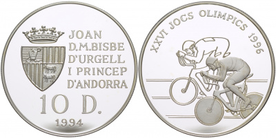 Андорра 10 динеров 1994 XXVI Олимпийские игры 1996 года велоспорт KM 95 серебро PROOF 11-178-22
