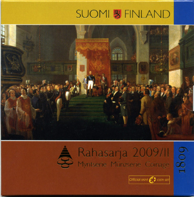 Финляндия евронабор из 8 монет + 2 евро юбилейная 2009 200 лет автономии (1809-2009), официальный набор в оригинальном буклете UNC 5-6-2-12