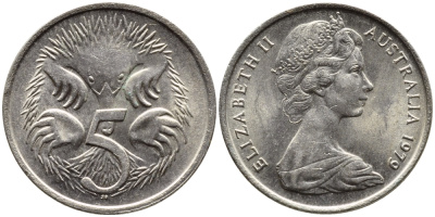 АВСТРАЛИЯ 5 ЦЕНТОВ 1979 ЕЛИЗАВЕТА II, МОЛОДОЙ ПОРТРЕТ, ЕХИДНА KM 64 медно-никель 4392-132