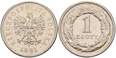 ПОЛЬША 1 ЗЛОТЫЙ 1991 MW KM 282 медно-никель 4592-441