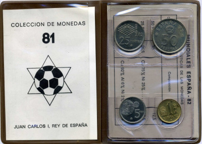 Испания официальный набор из 4 монет (1, 5, 25 и 50 песет) 1980 (1981) чемпионат мира по футболу в Испании 1982 года KM MS11a (816, 817, 818 и 819) UNC 1-6-4-30
