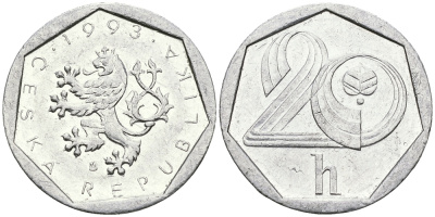 ЧЕХИЯ 20 ГЕЛЛЕРОВ 1993 KM 2.1 алюминий UNC 540-255