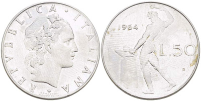 ИТАЛИЯ 50 ЛИР 1964 R, КУЗНЕЦ, ВУЛКАН БОГ ОГНЯ, ДИАМЕТР 25 ММ. KM 95.1 нержавеющая сталь 4402-612