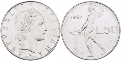 ИТАЛИЯ 50 ЛИР 1967 R КУЗНЕЦ KM 95.1 сталь 3718-426