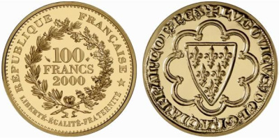 Франция 100 франков 2000 экю Луи IX KM 1234 золото PROOF 10-017-32