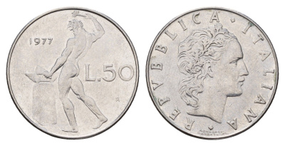 Италия 50 лир 1977 R, бог огня Вулкан у наковальни KM 95.1 нержавеющая сталь 3336-755