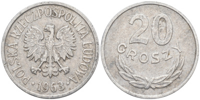 ПОЛЬША 20 ГРОШЕЙ 1963 MW KM А47 алюминий 106-432