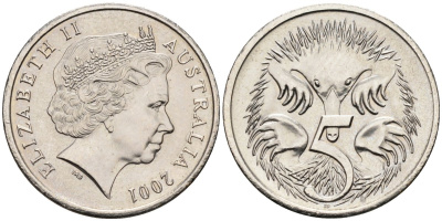 Австралия 5 центов 2001 Елизавета II (1952-2022), ехидна KM 401 медно-никель UNC 4585-915