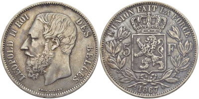 Бельгия 5 франков 1867 Леопольд II (1865-1909), БЕЗ ТОЧКИ ПОСЛЕ F, НА РЕВЕРСЕ KM 24 серебро 5010-821