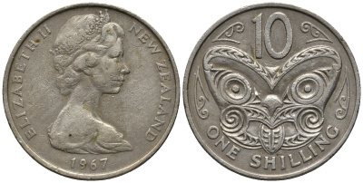 Новая Зеландия 10 центов 1967 Елизавета II (1952-2022), маска маори KM 41.1 медно-никель 4579-945