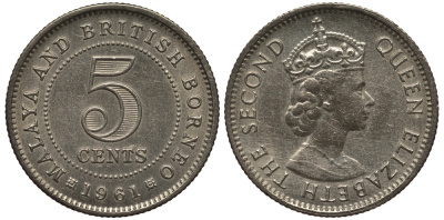 Малайя и Британское Борнео 5 центов 1961 Елизавета II (1952-2022) KM 1 медно-никель 1524-841