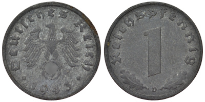 Германия 1 рейхспфенниг 1943 D KM 97, J. 369 цинк 4124-231