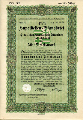Германия 500 рейхсмарок 1937 Государственное кредитное учреждение Ольденбурга (Государственный банк), ипотечный залог под залог 4-1/2%, облигация   бумага   8802-11-1